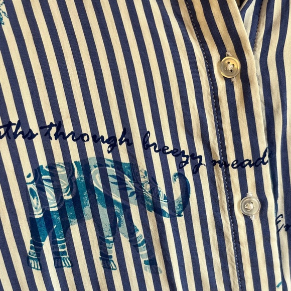 Chico's Blue and White Striped Button Down Elephant Floral Shirt Sz 1 or 8-10 - Picture 6 of 15